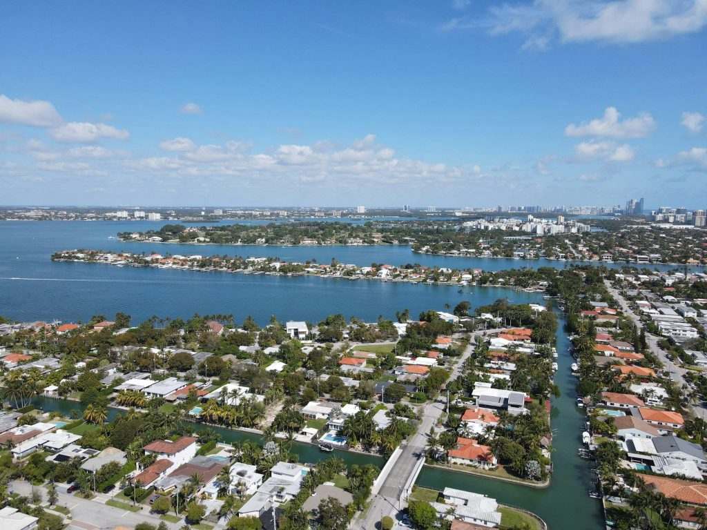 Streets and canals of a bayside neighborhood from the air