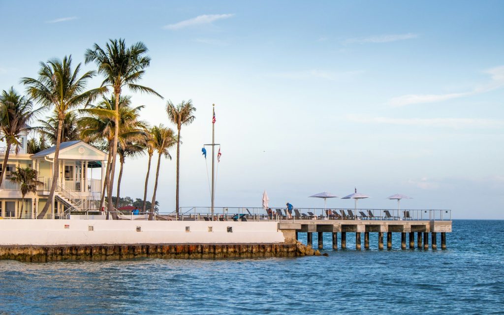 A pier and sun loungers beside a pale clubhouse under royal palms