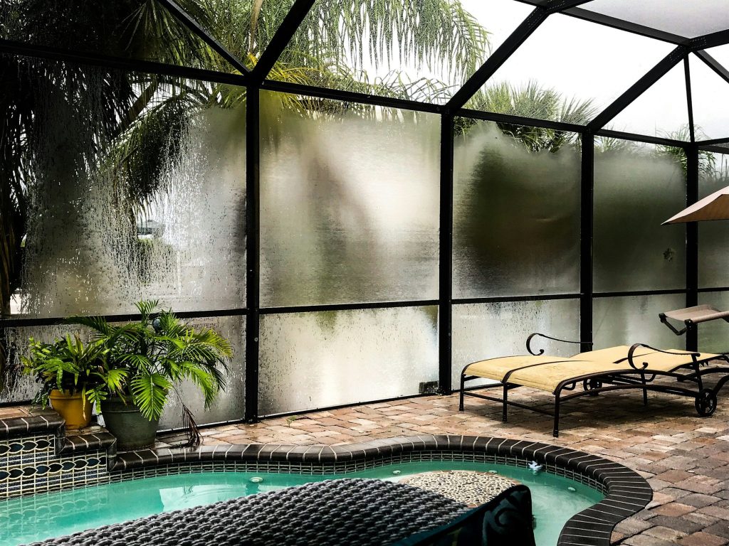 A screened lanai with a pool and loungers, palms beyond the cage
